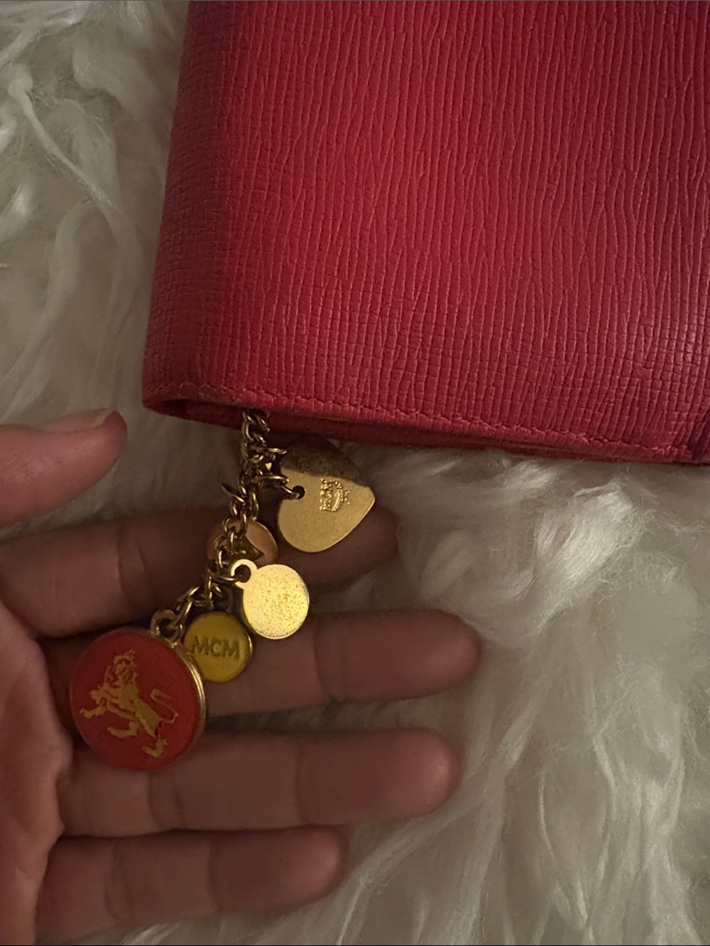 MCM Compact Hot Pink Textured Leather Trifold Wallet with Gold Charms - Picture 6 of 9